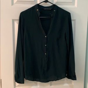 Zara Dark Green V-neck Blouse/Button Down